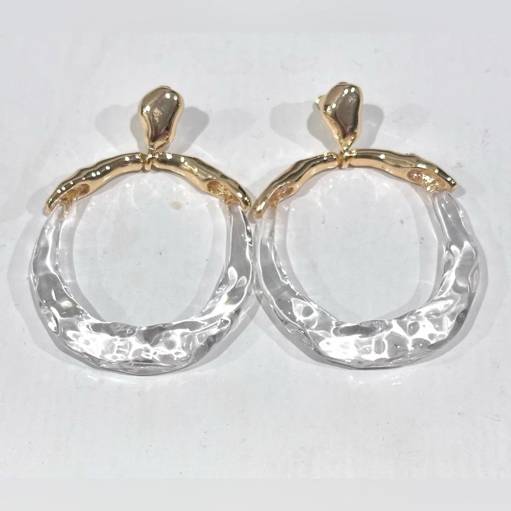 Alexis Bittar Molten Gold Metal and Clear Lucite Hoop Drop Earrings - Picture 4 of 8